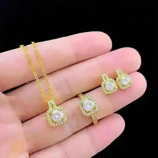 Fashion Jewelry Set with Zirconia Gem, Golden Necklace, Earring, Ring
