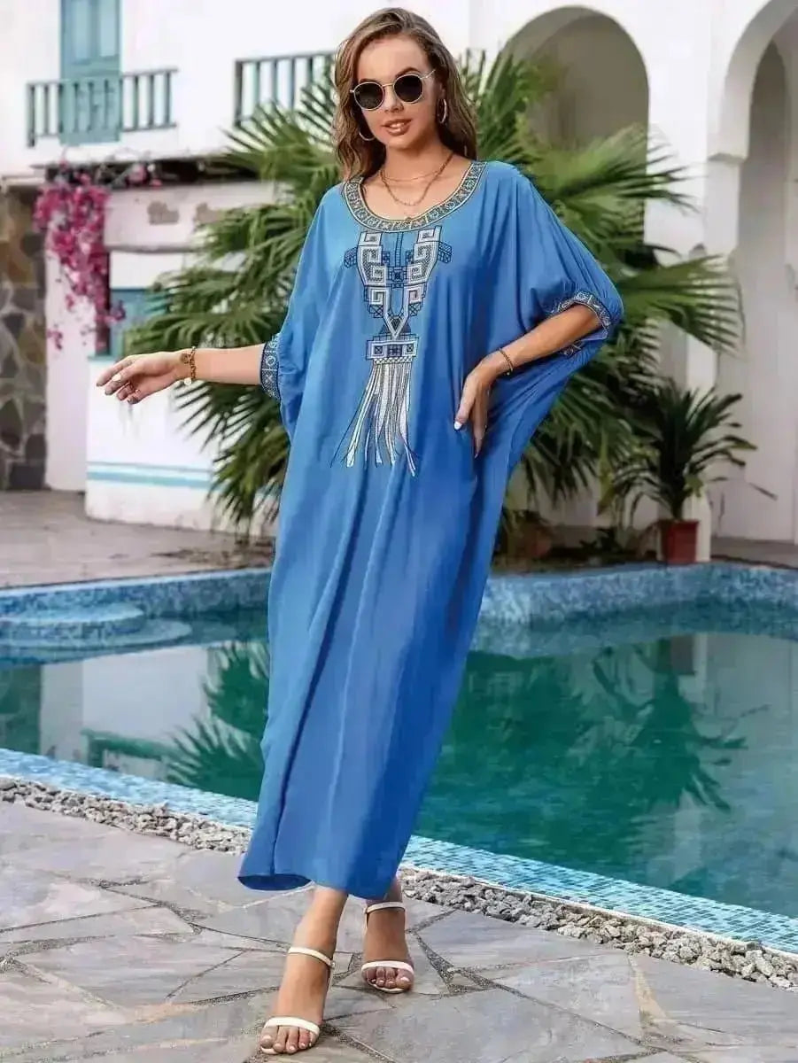 Women's Light Blue Rayon Embroidered Loose Robe